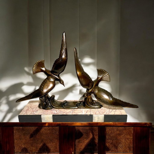 Art Deco Flight of Seagulls Spelter Statue - French Flying Sea Birds Patinated Cast Metal Figures on Marble Base 