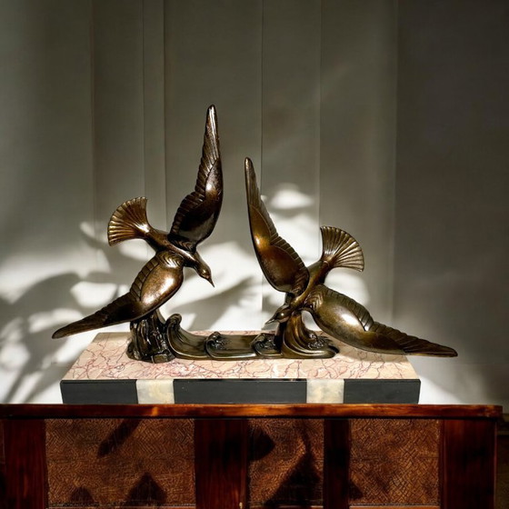 Image 1 of Art Deco Flight of Seagulls Spelter Statue - French Flying Sea Birds Patinated Cast Metal Figures on Marble Base 
