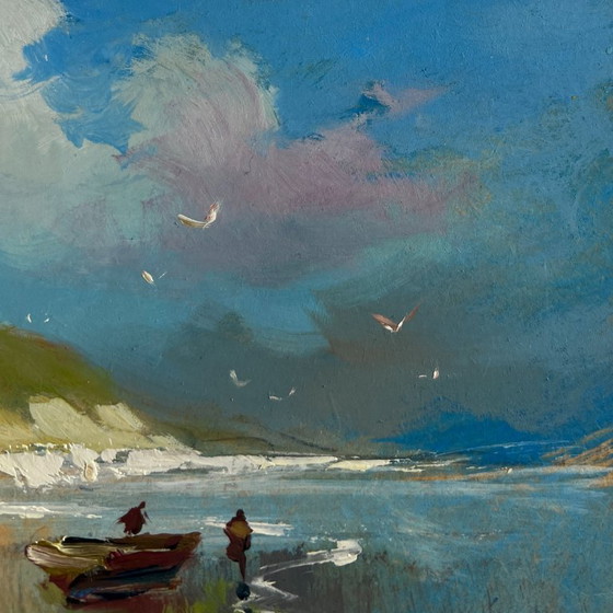 Image 1 of Original Oil Painting Summer Coastal Landscape The mountains touch the sea