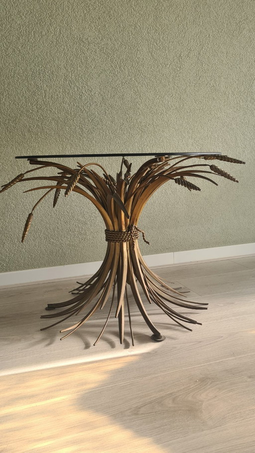 Hollywood Regency sheaf of wheat table gilded metal & glass in the style of Coco Chanel (Ø57 × H46)