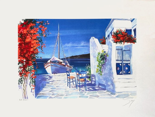 André SAVY ALIAS BONGIBAULT Grèce - Un coin du port Signed lithograph 1995