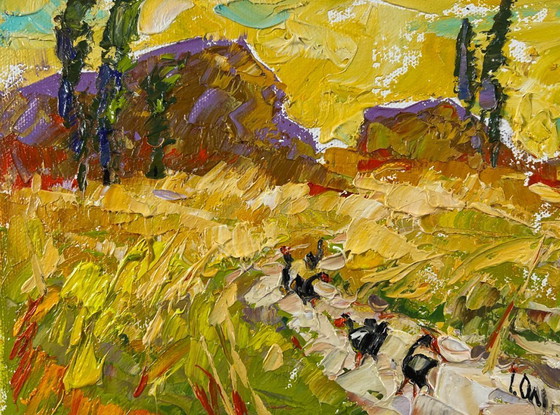 Image 1 of Origineel olieverfschilderij: Zomers veldlandschap, de kleuren van de oogst.