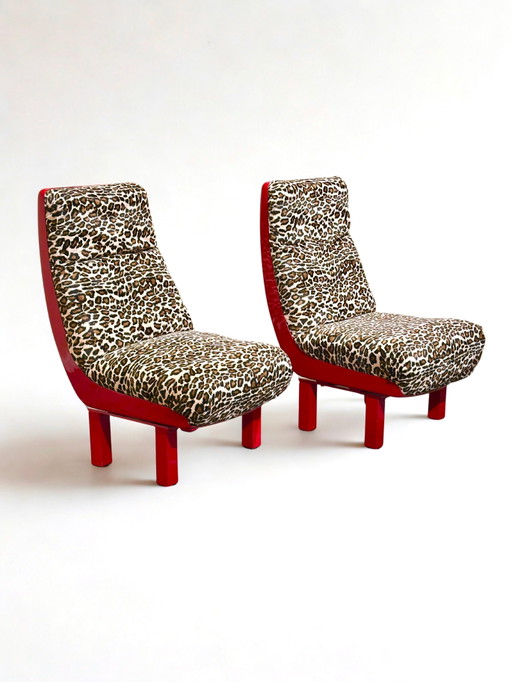 Set Italiaanse postmoderne loungestoelen met luipaardprint – 1980 – fauteuils, Metal, Fiberglass, Italian Design