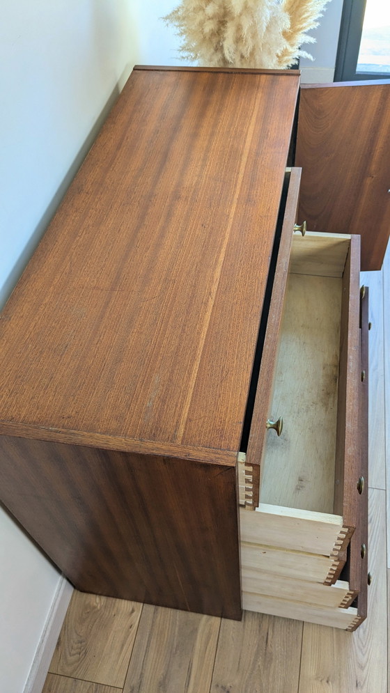 Image 1 of Vintage Scandinavian Wood and Brass Chest of Drawers