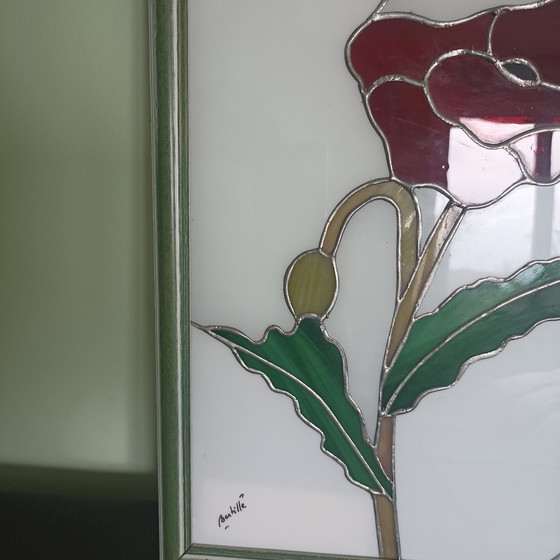 Image 1 of Pannello in vetro colorato francese unico (Pièce Unique) – Design papavero con illuminazione d'atmosfera