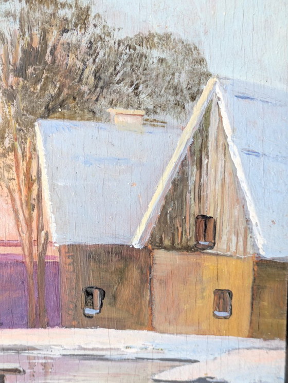 Image 1 of Pittura a olio d'epoca su tavola | Paesaggio invernale Scena di campagna | Incorniciato