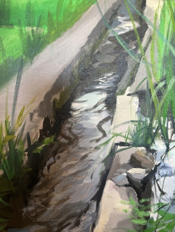 Groot Natuurlandschap Schilderij - Rivier met Stenen Brug, Origineel Acryl op Canvas 80x80cm (photo 3 of 7)