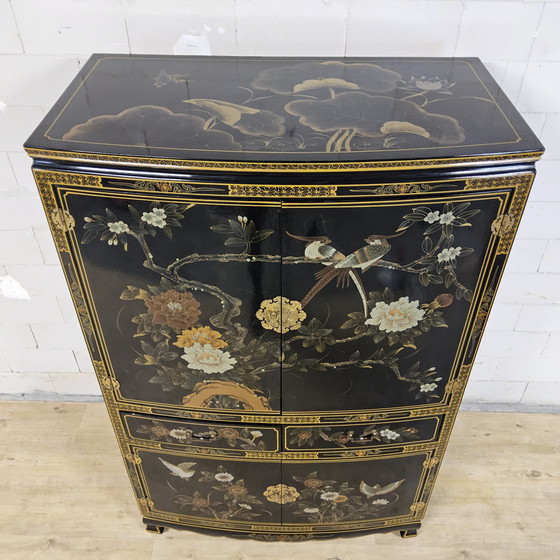 Image 1 of Vintage Chinese black lacquer cabinet birds and flowers bohemian / bohemian / oriental cabinet