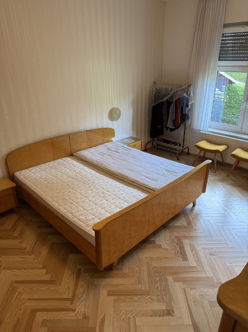 Vintage Mid-Century Bed 2x2m Bird's-eye Maple High Gloss 1950s + Mattress