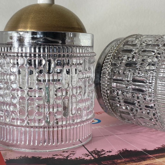 Image 1 of Coppia di piccole lampade portatili antiche a forma di tulipano in vetro trasparente