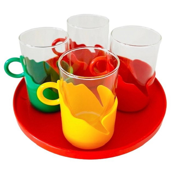 Image 1 of Set of vintage tea glasses Plastic Holder with tray 1980's