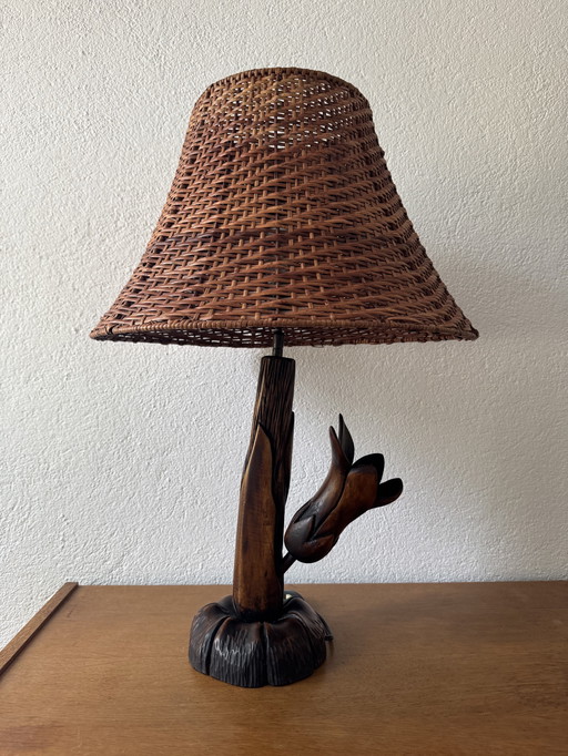 Lampe florale bois sculpté années 60