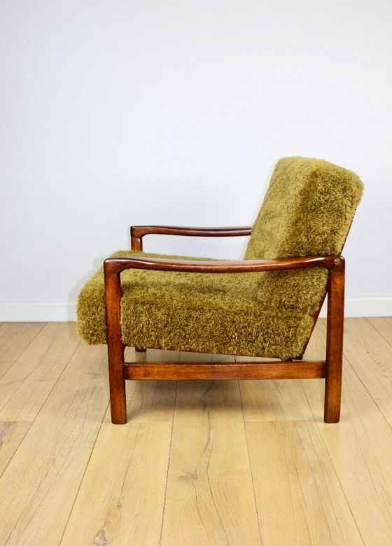 Image 1 of Fauteuil vintage en bois marron kaki/olive à poils longs en forme de renard par Z. Bączyk - 2 exemplaires disponibles