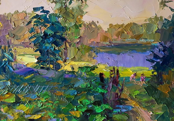 Image 1 of Dipinto ad olio originale Natura Paesaggio Estate Il sentiero verso il fiume