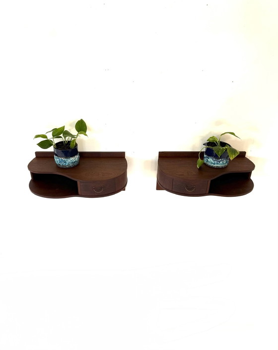 Image 1 of 2x vintage teak floating Danish bedside tables ‘60s