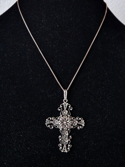 Large antique silver filigree cross with necklace - 20s