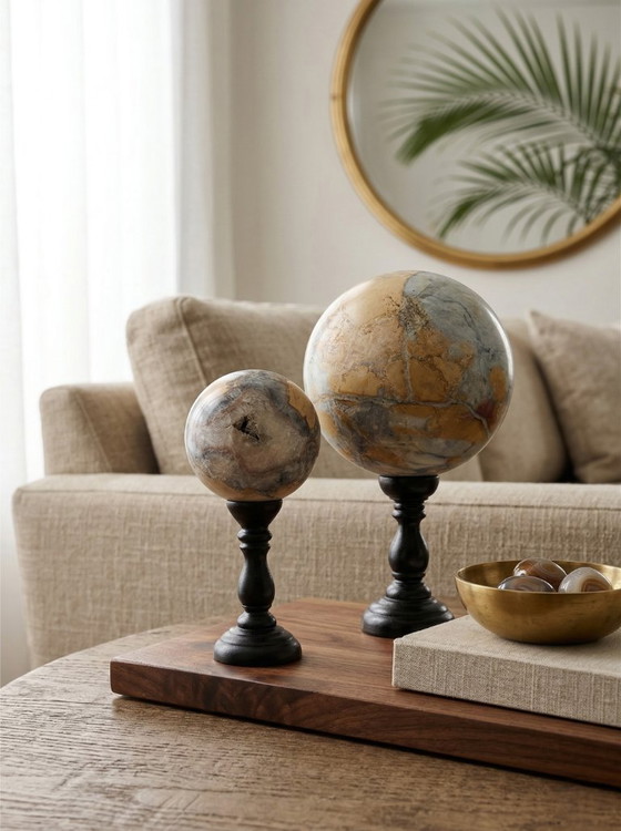 Image 1 of Par de esferas pulidas de jaspe Maligano sobre bases – Composición mineral decorativa contemporánea