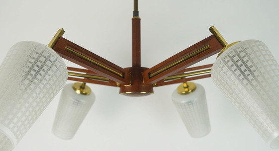 Image 1 of Lámpara de techo Sputnik de 8 luces, mediados de siglo, de teca, latón y vidrio, de la década de 1960