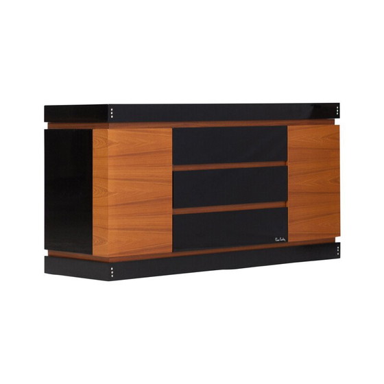 Image 1 of Black lacquered wood and teak vintage storage cabinet by Pierre Cardin, 1970