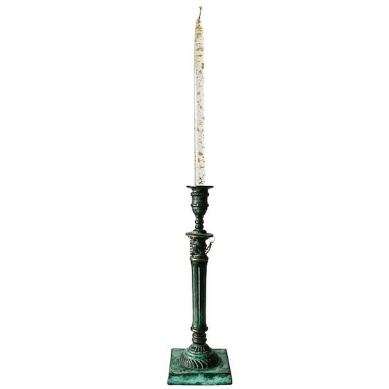 Image 1 of Antique bronze candlestick green patina 1900's