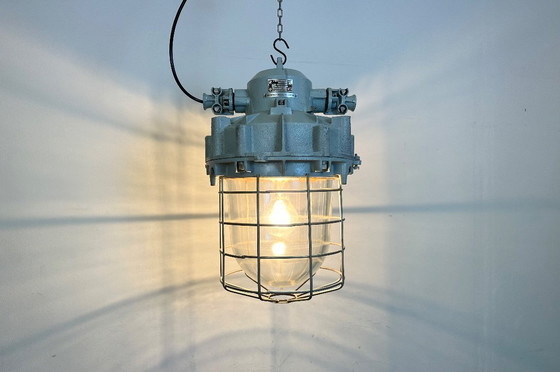 Image 1 of Large Grey Industrial Bunker  Light with Iron Cage from Elektrosvit, 1970s
