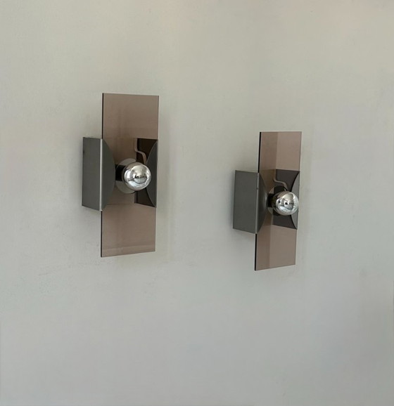 Image 1 of Coppia di applique vintage, metallo spazzolato e plexiglass fumé, Francia, 1970