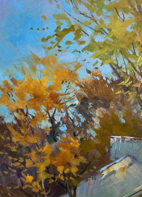 Image 1 of Original Oil Painting Autumn Village Landscape The rustle of autumn outside the window
