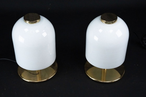 Image 1 of Pair of 1980s Italian Murano Lattimo Glass Mushroom Bedside Lamps