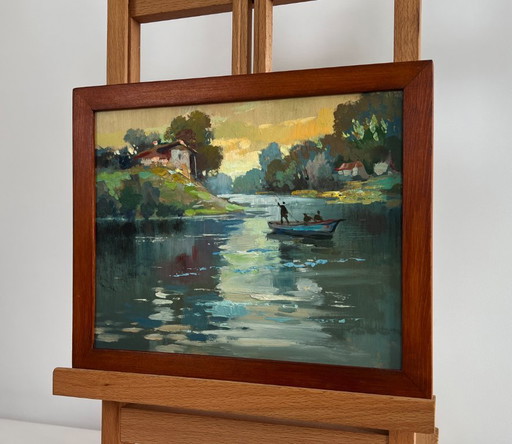 Original Oil Painting Evening River Landscape Love and the reflection of the sun