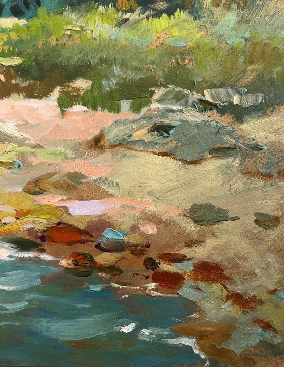 Image 1 of Pintura al óleo original Paisaje costero de verano Día de verano en la costa