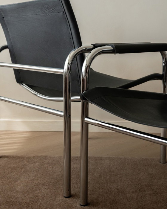 Image 1 of Vintage Bauhaus Klinte loungestoelen van chroom en zwart leer, ontworpen door Tord Björklund voor IKEA, jaren 80, set van 2.