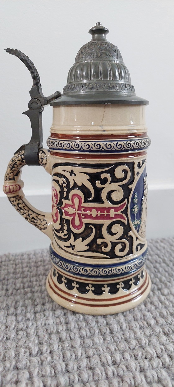 Boccale da birra tedesco vintage con coperchio in peltro – Modello 375 (1/4 di litro) – Oggetti decorativi (photo 3 of 9)