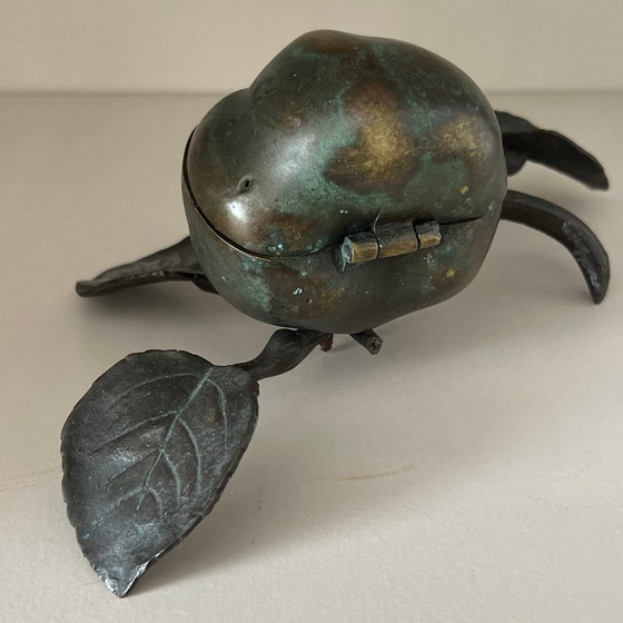 Image 1 of Vintage bronze box apple with branch and leaf, ca 1950