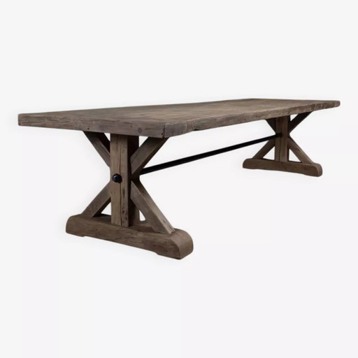 Table De Ferme En Chêne Massif Ancien Pieds Étoile - Longueur 200 Cm