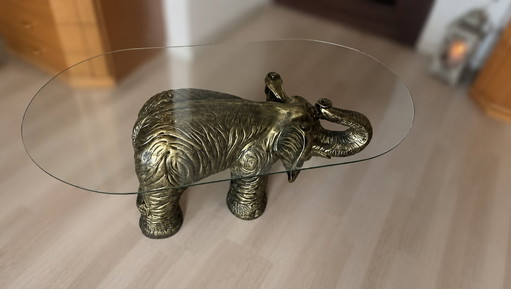 Table design exclusive en forme d'éléphant avec plateau en verre de sécurité épais – style Hollywood Regency