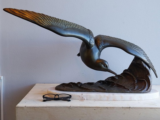 Large Art Deco Sculpture Rochard Seagull Zamak on Marble, polished steel, Brown (photo 13 of 13)