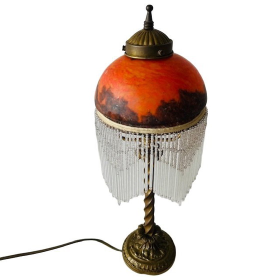 Image 1 of Antieke Art nouveau kralenlamp gepolijst glas oranje paars 1920's