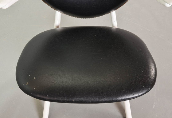 Image 1 of Louis van Teeffelen Dutch Design Pelican Arm Chair for Webe in Solid White Painted Teakwood and Black Leatherette. 