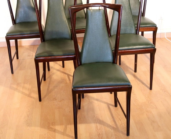 Image 1 of Set of 6 mid-century chairs by Osvaldo Borsani, Atelier Borsani Varedo, mahogany, rosewood, leather, and brass, Italy, 1950s