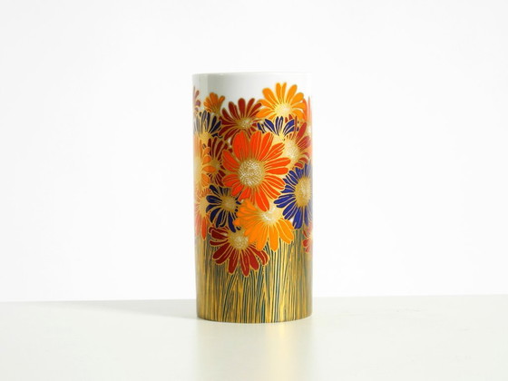 Image 1 of Beautiful 1980s porcelain vase by Rosemonde Nairac for Rosenthal Studio-Linie, featuring colorful daisies