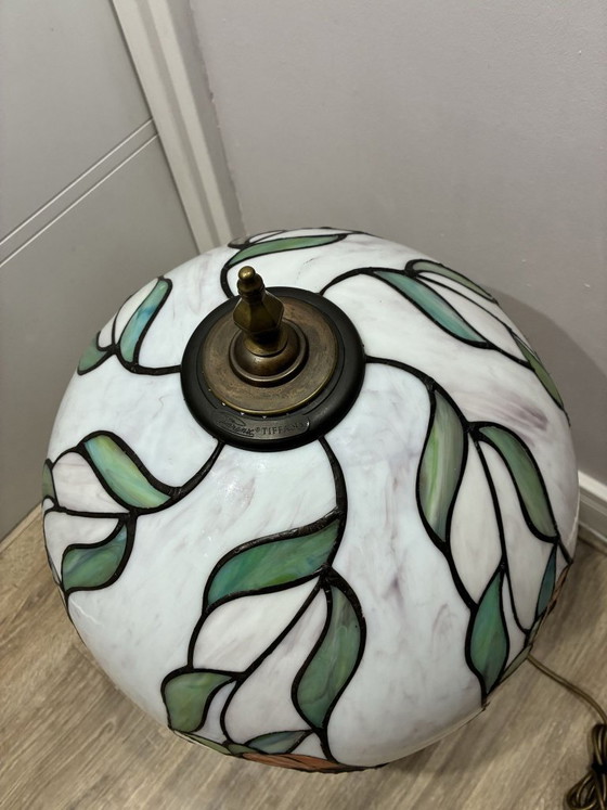 Perenz Tiffany stijl glas-in-lood tafellamp, messing, Tafellampen, Groen, Vintage (foto 4 van 8)