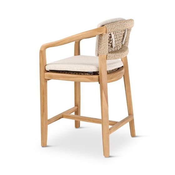 Sgabelli da bar in teak con schienale intrecciato e cuscino, 2 pezzi, Castle Line, Legno, Tessile, Beige (foto 5 di 7)