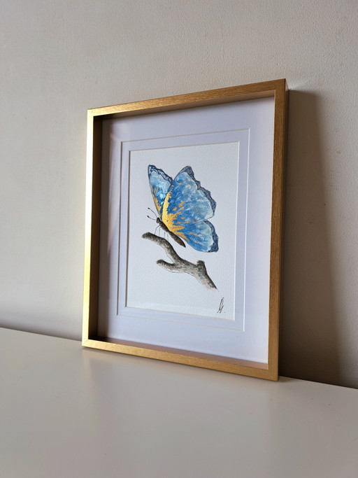 Original watercolor blue butterfly including frame