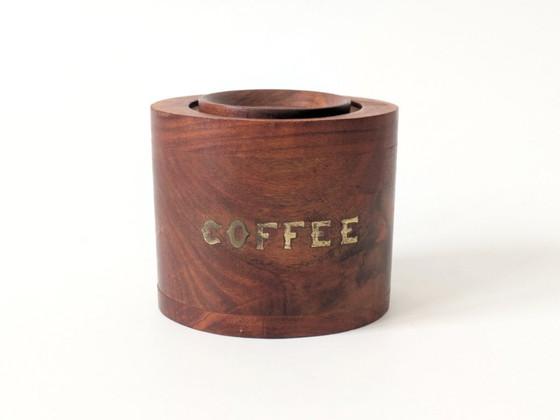 Image 1 of Midcentury Teak Coffee Canister with Brass Inlay Letters, Danish Modern Wooden Storage Jar