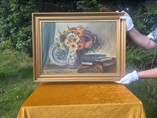 Vintage Mid-Century Blumenölgemälde, signiert C M Frühling