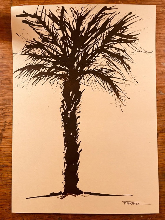 Image 1 of Acuarela monocromática firmada "Palmera al atardecer"