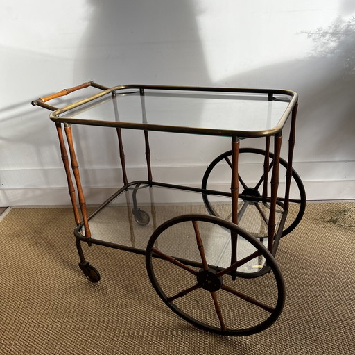 Chariot de bar vintage en laiton et faux bambou, style vintage.