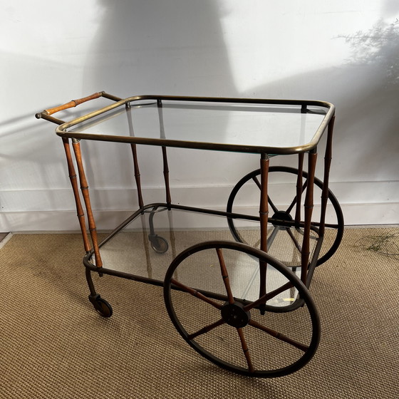 Image 1 of Faux Bamboo brass bar cart trolley serving trolley vintage