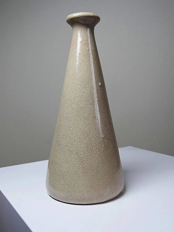 Art Deco konische Vase aus craqueliertem beigem Steingut, ca. . – Vasen, Porzellan (photo 7 of 11)