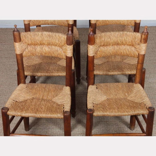 Conjunto de 6 sillas con asiento de paja, obra francesa, 1940